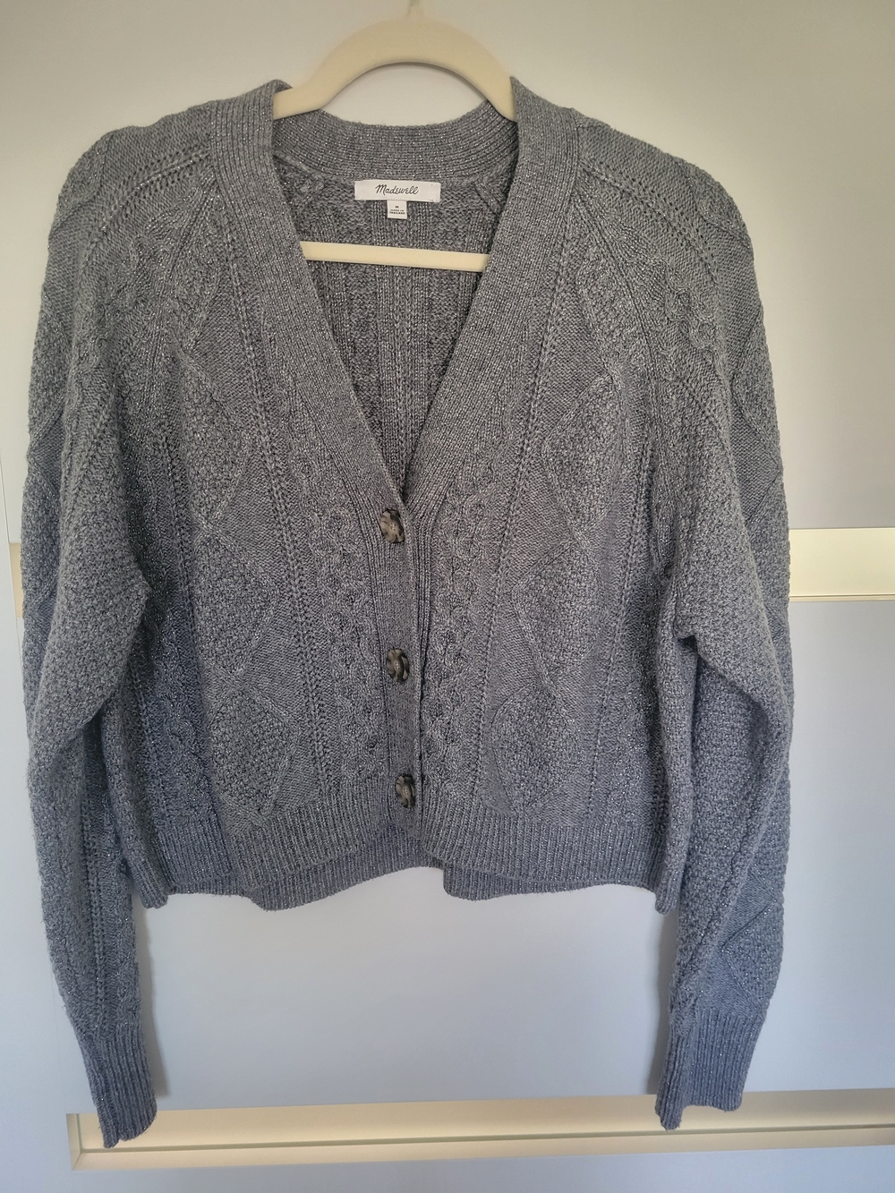 Madewell Shimmer Cable-Knit Cropped Cardigan Sweater Grey M